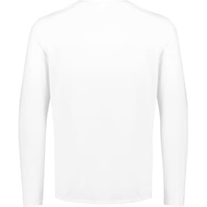 A white long sleeve men's performance tee, featuring a plain design and a branding logo.