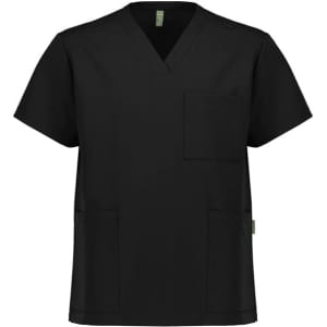 A unisex black V-neck scrub top featuring short sleeves and multiple pockets, with a logo on the design.
