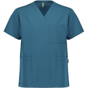 A turquoise unisex V-neck scrub top featuring short sleeves and multiple pockets. The top has a brand logo.