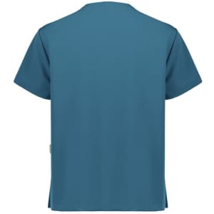 A unisex pulse v-neck scrub top in teal, featuring short sleeves and a logo on the back.