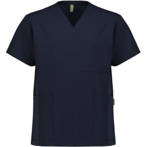 A navy unisex V-neck scrub top with short sleeves and multiple pockets. It features a branding logo.