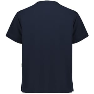 A unisex pulse v-neck scrub top in navy, featuring short sleeves and a simple design with a logo.