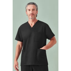 A black unisex V-neck scrub top with short sleeves and pockets. The top features a plain design and a subtle branding logo.