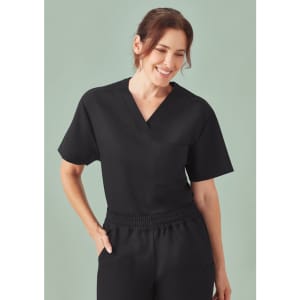A unisex black V-neck scrub top featuring short sleeves and a pocket, suitable for medical uniforms.