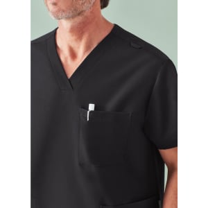 A black unisex V-neck scrub top featuring a pocket and a pen holder, suitable for medical uniforms.