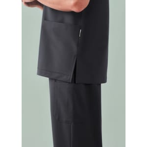 A unisex black V-neck scrub top featuring side slits and pockets, designed for comfort and functionality.