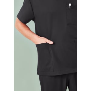 A unisex black V-neck scrub top featuring a pocket and a pen holder.