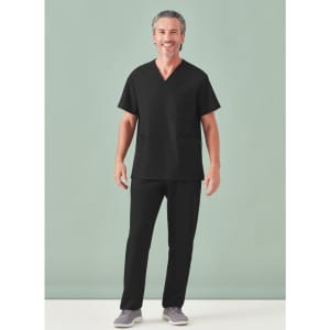 A unisex black V-neck scrub top with short sleeves, paired with matching black pants, displayed against a light background.