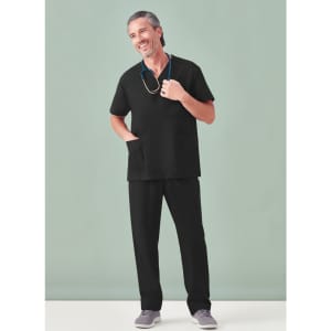 A black unisex V-neck scrub top with a pocket, worn by a man with a stethoscope around his neck.