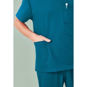 A unisex pulse v-neck scrub top in teal, featuring short sleeves and a front pocket.