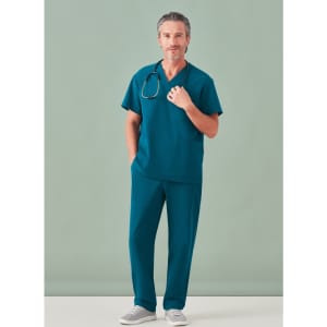A unisex pulse v-neck scrub top in teal, paired with matching scrub pants, worn by a man with a stethoscope.