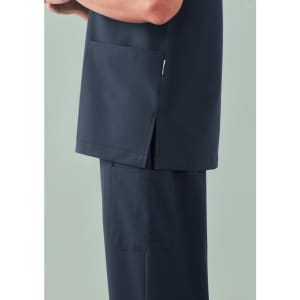 A navy unisex V-neck scrub top featuring side slits and pockets. The material appears smooth and durable.
