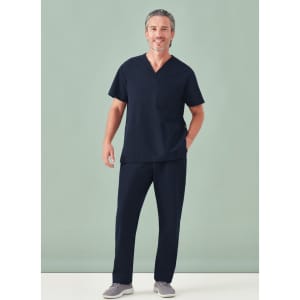 A unisex navy V-neck scrub top paired with matching scrub pants, showcased on a male model against a light background.