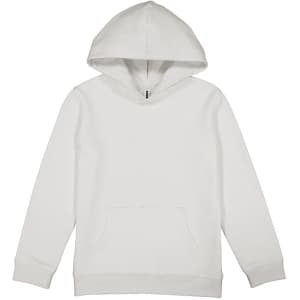 A white kids' hoodie featuring a front pocket and a drawstring hood. The hoodie includes a logo.