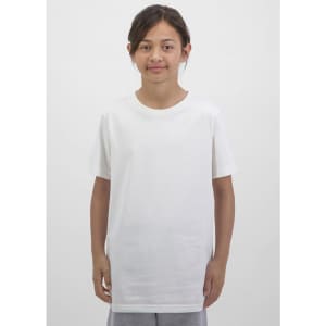 A white short sleeve tee for kids, featuring a simple design and a logo on the front.