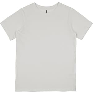 A plain white short-sleeve T-shirt featuring a tag and a simple design. It has no visible logos.