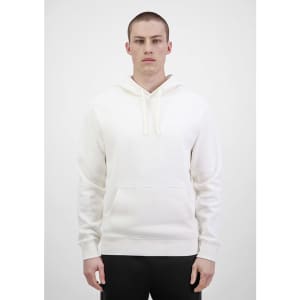 A men's hoodie in white, featuring a drawstring hood and a front pocket, with a plain design.
