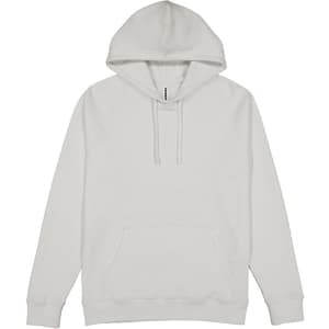 A plain grey hoodie featuring a front pocket and a drawstring hood, with a logo on the chest area.
