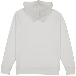 A white men's hoodie with a back view, featuring a hood and long sleeves. It has a logo on the back.