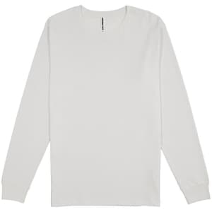 A plain white long sleeve tee with a crew neckline and a logo on the label.