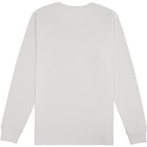 A plain white long sleeve tee featuring a crew neckline and fitted cuffs, with a logo on the back.