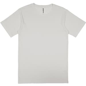 A plain white men's short sleeve t-shirt with a subtle logo on the bottom.