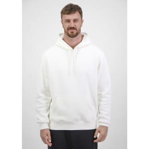 A white men's hoodie with a kangaroo pocket and drawstring hood, being worn by a model.