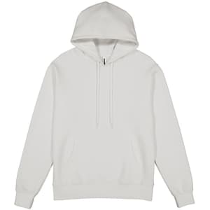 A white hoodie with a front pocket, drawstrings, and a large hood. It features a logo.