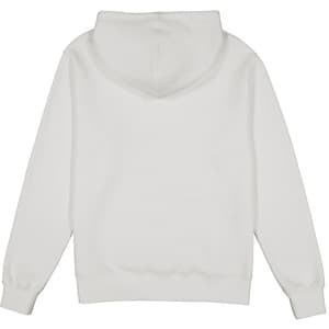 A white men's hoodie featuring a back view with a hood and long sleeves. The design includes a logo.