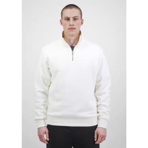A model wearing a white 1/4 zip jumper stands against a plain background. The jumper includes a logo.