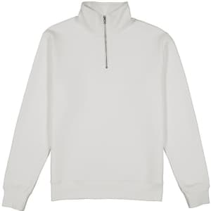 A white men's 1/4 zip jumper with long sleeves and a collar, featuring a zip at the neck and a logo.