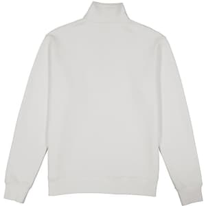 A white men's jumper featuring a 1/4 zip collar and long sleeves, with a simple design and a logo.