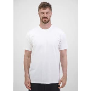 A white short sleeve tee for men is displayed on a model against a plain background. The tee features a logo.