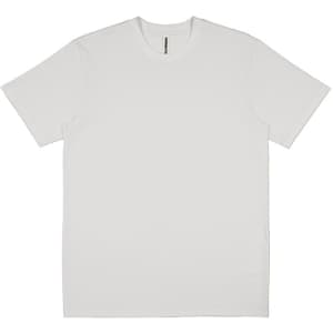 A plain white men's short sleeve tee with a simple design and a small logo.