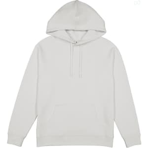 A white women's hoodie featuring a front pocket and a hood, with a logo on the garment.