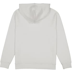 A white women's hoodie with a back view, featuring a hood and long sleeves. It has a branding logo.