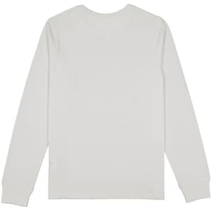 A women's long sleeve tee in white, featuring a crew neck and a simple design, with a logo on the back.