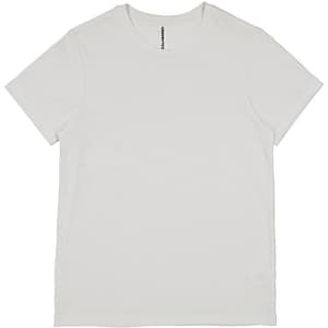A white short sleeve women's t-shirt with a logo on the front. Simple and classic design.