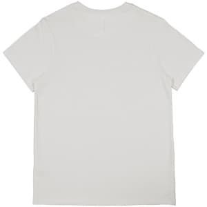A white women's short sleeve t-shirt featuring a simple design and a small logo on the back.