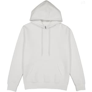 A white women's everyday hoodie with a front pocket and drawstring hood. The hoodie features a logo.