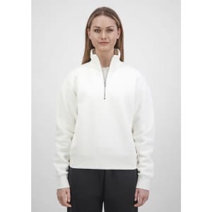 A white women's 1/4 zip sweatshirt with a high collar and ribbed cuffs, featuring a brand logo.
