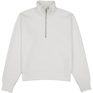 A white women's jumper with a 1/4 zip collar and long sleeves. Features a branding logo.