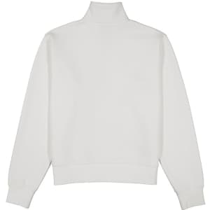 A white women's jumper with a 1/4 zip, featuring a high collar and long sleeves, with a logo on the back.