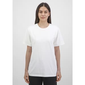 A plain white short sleeve tee for women, featuring a relaxed fit and a simple design. It has a logo on the label.