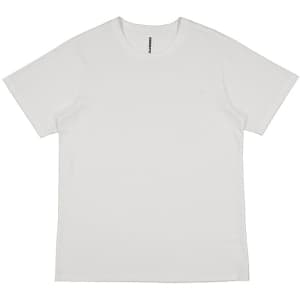 A white women's short sleeve tee with a simple design and a small logo.