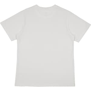 A white short sleeve tee shirt with a plain design and a small logo on the back.