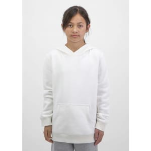 A white hoodie for kids featuring a front pocket and a drawstring hood. The product has a logo on it.