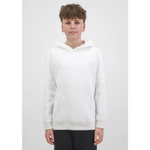 A youth hoodie in white with a front pocket and a drawstring hood, featuring a logo.