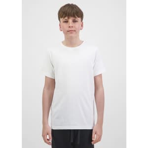 A white short sleeve tee for youth, featuring a simple design and a plain appearance.