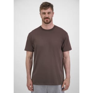 A brown men's short sleeve tee displayed on a model, featuring a simple design and a round neckline.